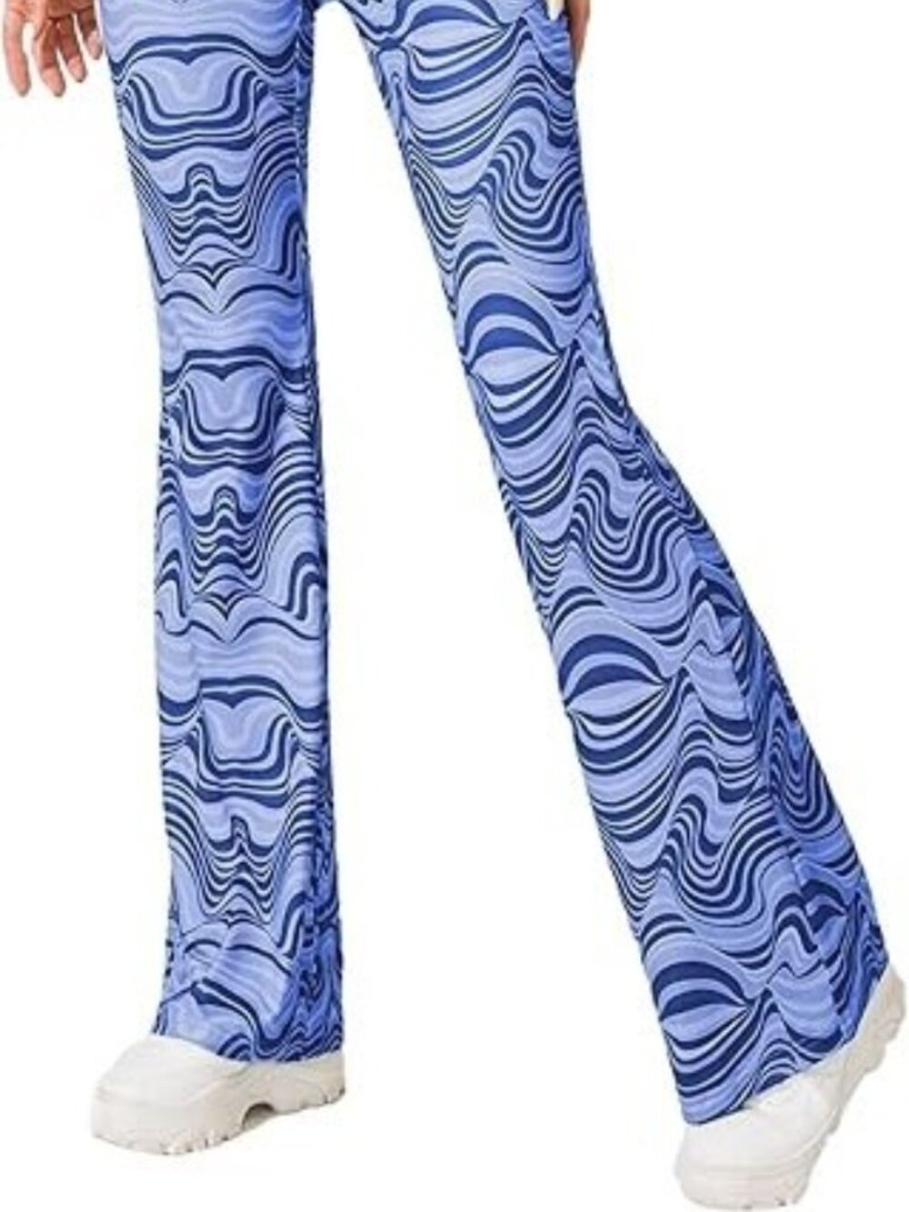 Blue Swirl Print Flare Leg Pants L Boho Bell Bottom High Waist Yoga Pant